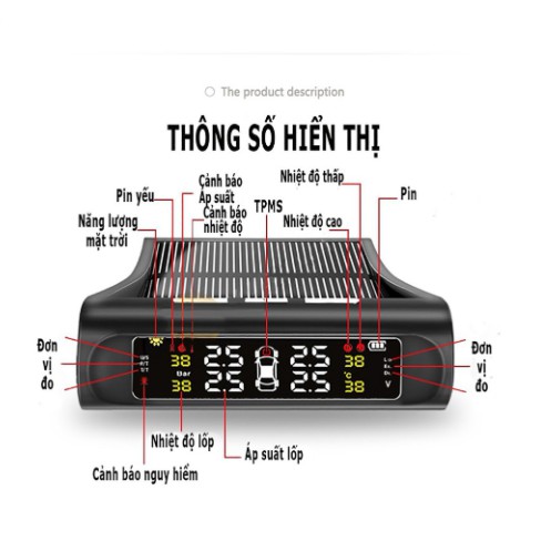 Cảm biến áp suất lốp cho ô tô, xe hơi gắn van ngoài cao cấp - Pin sạc năng lượng mặt trời - Bảo hành 12 tháng