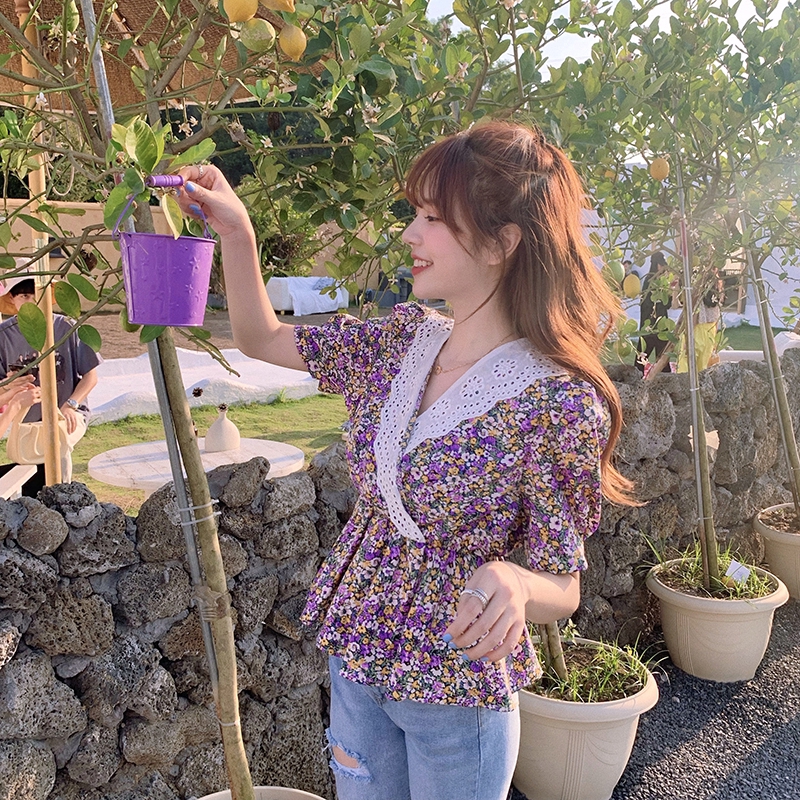 SUXI Áo kiểu cổ chữ V họa tiết hoa xinh xắn thời trang phong cách Pháp cho nữ