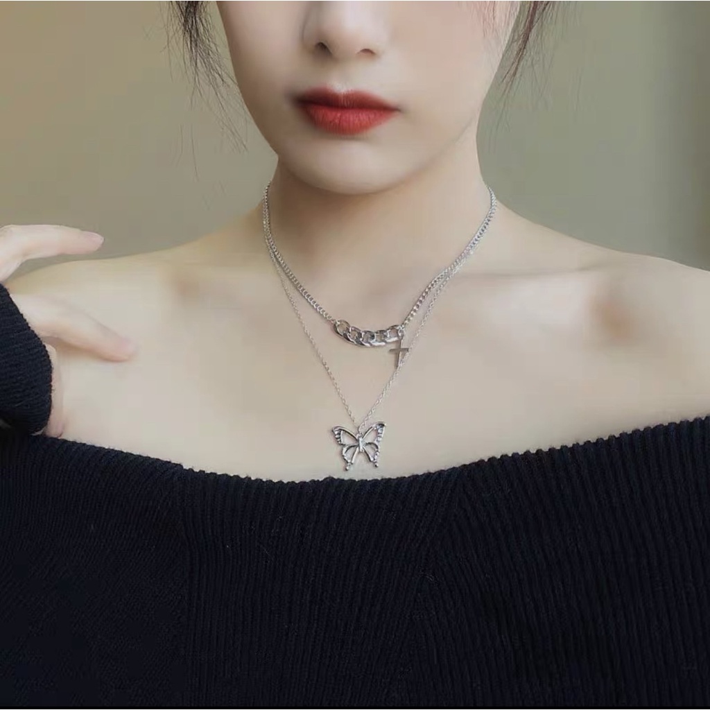 Dây chuyền BUTTERFLY Cross 2 tầng Bộ dây chuyền nữ chữ thập xinh cho bạn gái 2 tầng Bộ dây chuyền nữ chữ thập