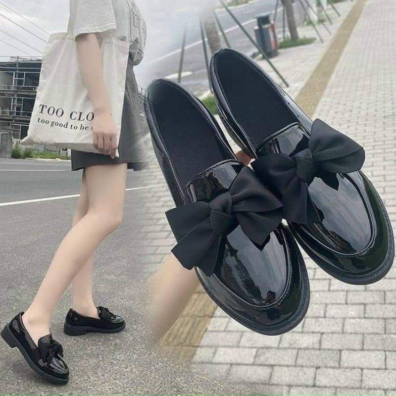 Giày đốc nữ da bóng gắn nơ xinh xắn