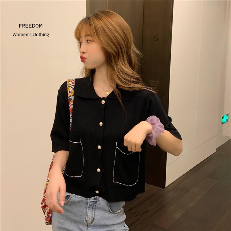 FREEDOM  Áo Cardigan buộc dây Kim Tây Ngắn Cổ Bẻ Dáng Rộng Phong Cách Hàn Quốc