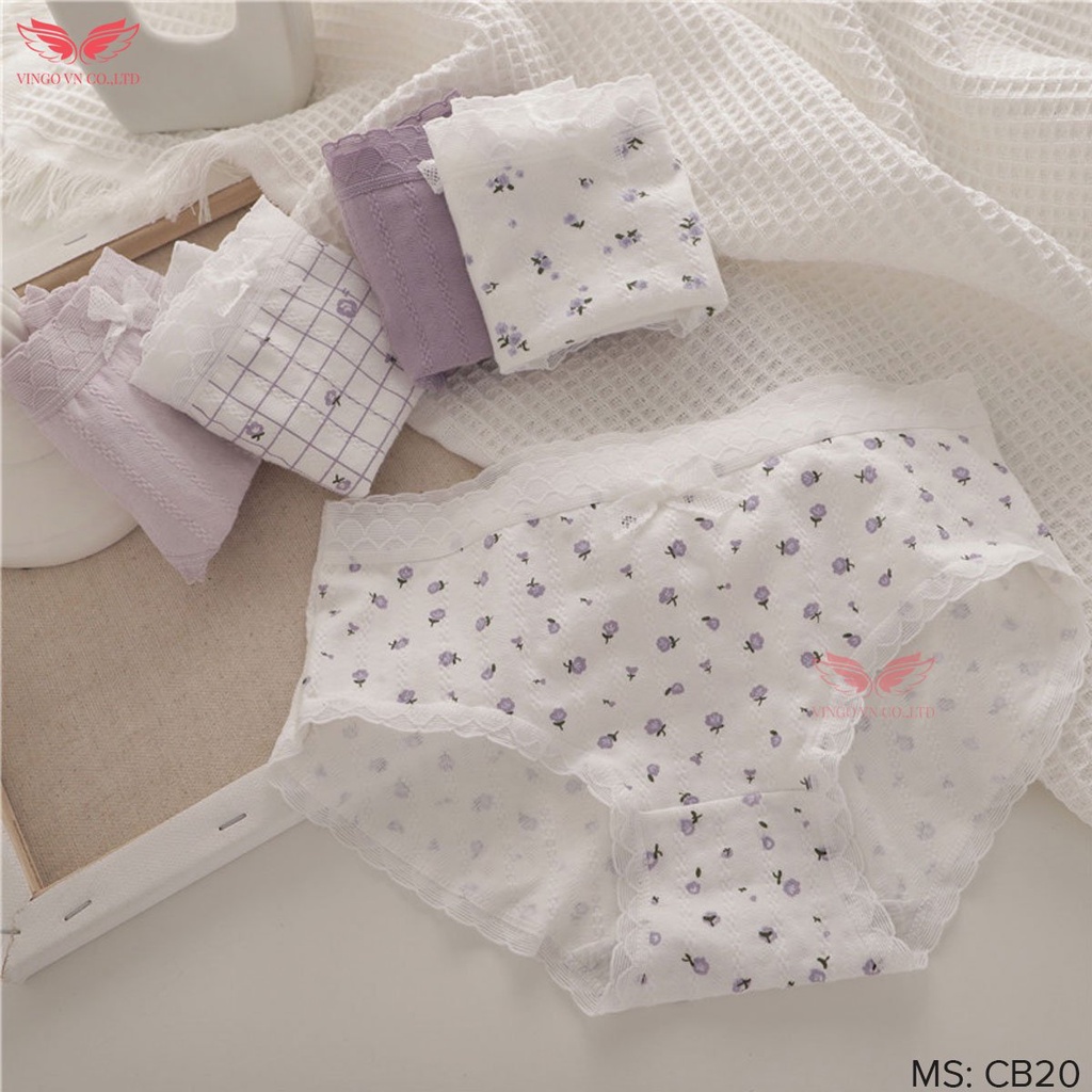 Combo 5 Quần Lót Cotton Nữ Cạp Cao VINGO Thấm Hút Kháng Khuẩn Phối Viền Ren Lưới Mềm Đính Nơ Nhỏ Họa Tiết Xinh CB20 VNGO