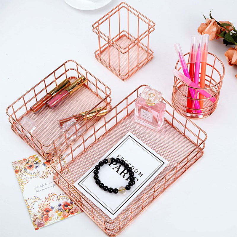 Giỏ Sắt Màu Vàng Hồng Đựng Đồ Dùng / Mỹ Phẩm Để Bàn Thông Dụng