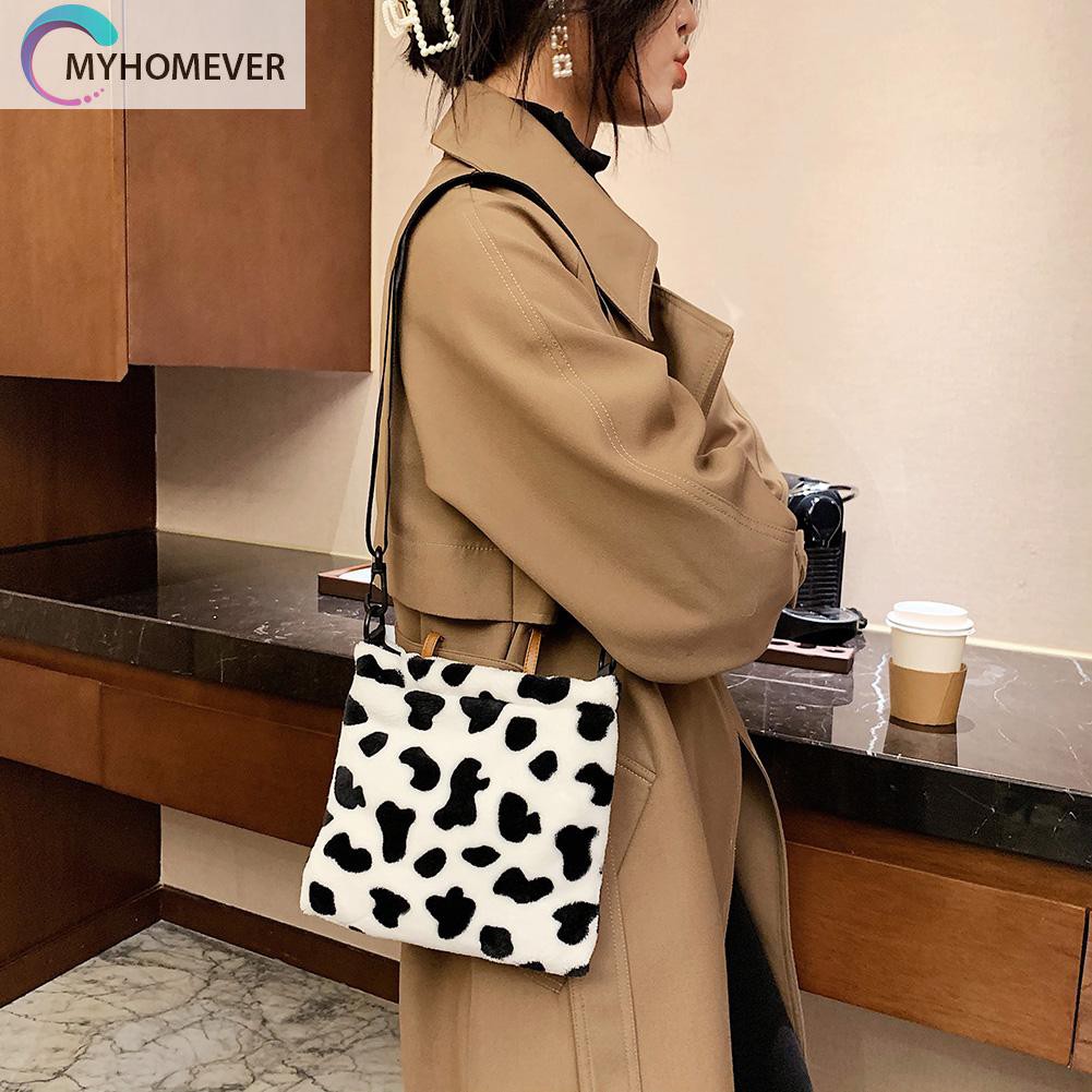 Túi đeo vai vải lông họa tiết da thú sức chứa lớn phong cách vintage dành cho nữ