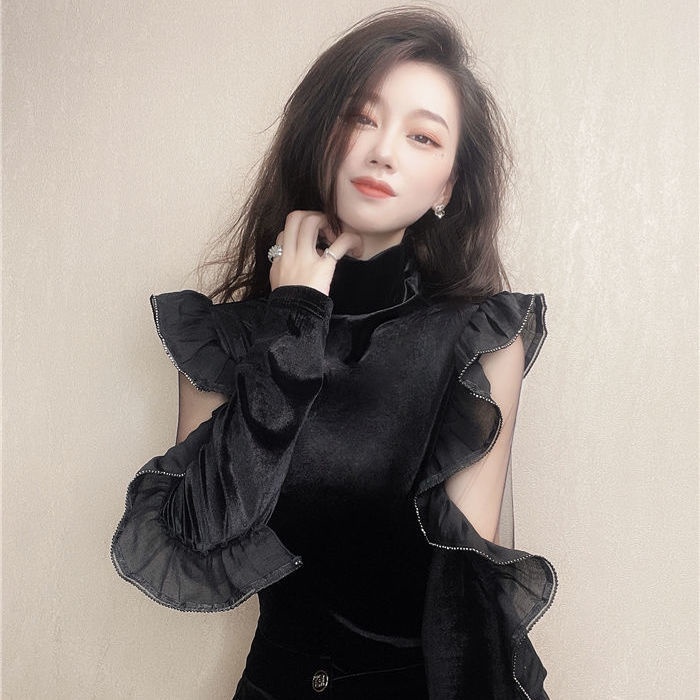 Áo kiểu vải nhung dài tay dáng ôm thiết kế khoét rỗng thời trang mùa thu mới quyến rũ cho nữ