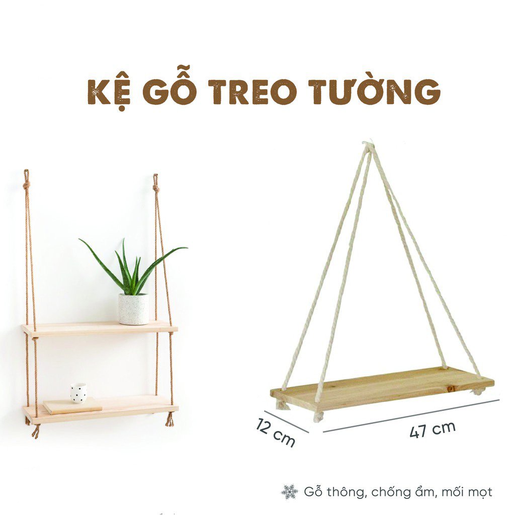 Kệ gỗ treo tường đa năng trang trí dây thừng gỗ thông thơm vintage G01