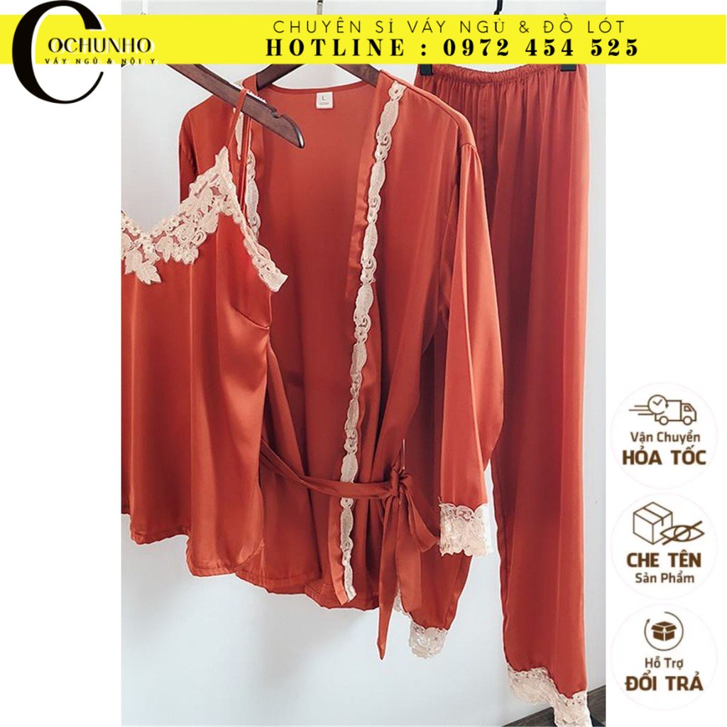 [Q11.HCM]  LL265 Bộ ngủ Combo lụa satin quần dài phối ren kèm áo choàng - Sét bộ ngủ kèm choàng quần dài