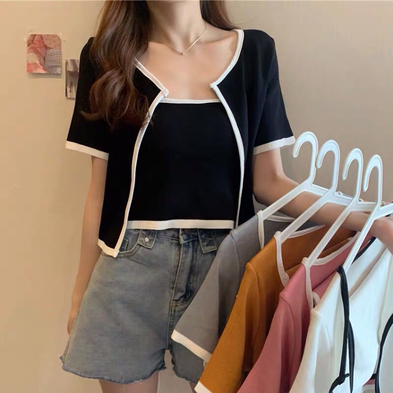 set áo len cộc tay phối viền nổi kèm áo quây ống sexy