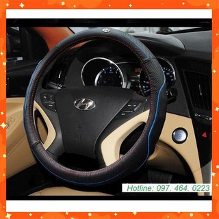 [Nhập SSANP199310 giảm 10K] Bọc vô lăng cao cấp logo xe Hyundai- màu đen chỉ xanh size 38cm