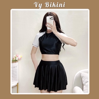 Có size M,L,XL Đồ bơi nữ, bikini đi biển kín đáo váy xoè phối áo croptop - đồ bơi học sinh nữ kín đáo ME01
