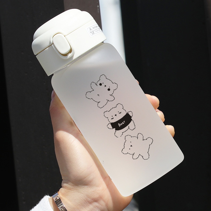 Bình Đựng Nước Bằng Thủy 450ml Tinh Mặt Nhám Chịu Nhiệt Có Ống Hút In Hình Cute Dễ Thương Cho Học Sinh