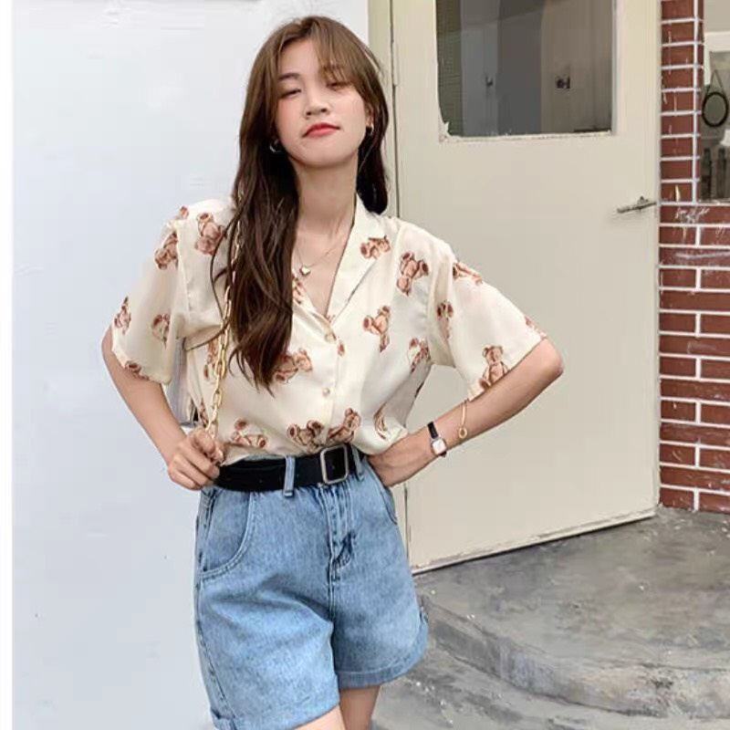 Áo sơ mi công sở nữ bigsize 4xl Hàn Quốc họa tiết đáng yêu ngắn tay form rộng tay lỡ kiểu dáng Ulzzang DK8T202