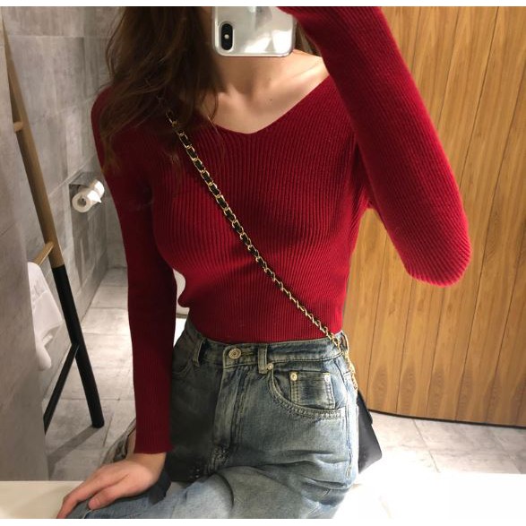 Áo len tăm cổ tim V nữ mềm mịn co giãn nhiều màu dễ phối đồ hàng Quảng Châu loại 1 AL02 | BigBuy360 - bigbuy360.vn