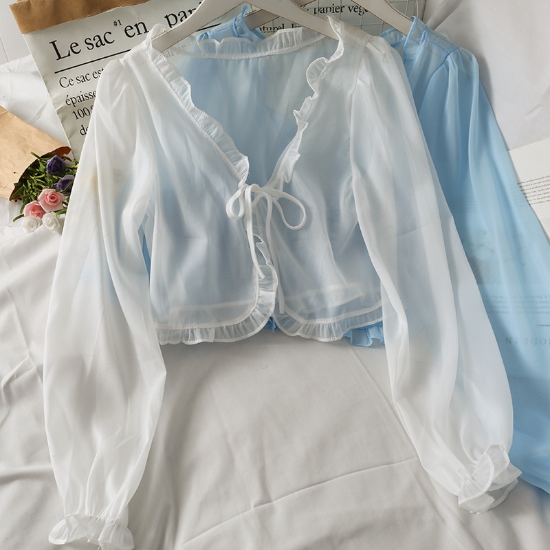 Áo Khoác Cardigan Mỏng Đính Nơ Ren Xinh Xắn Cho Nữ