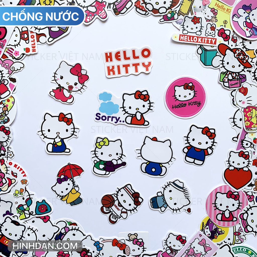 Sticker HELLO KITTY  chống nước dán nón bảo hiểm, tủ, đàn guitar, laptop, máy tính, xe, vali, tường