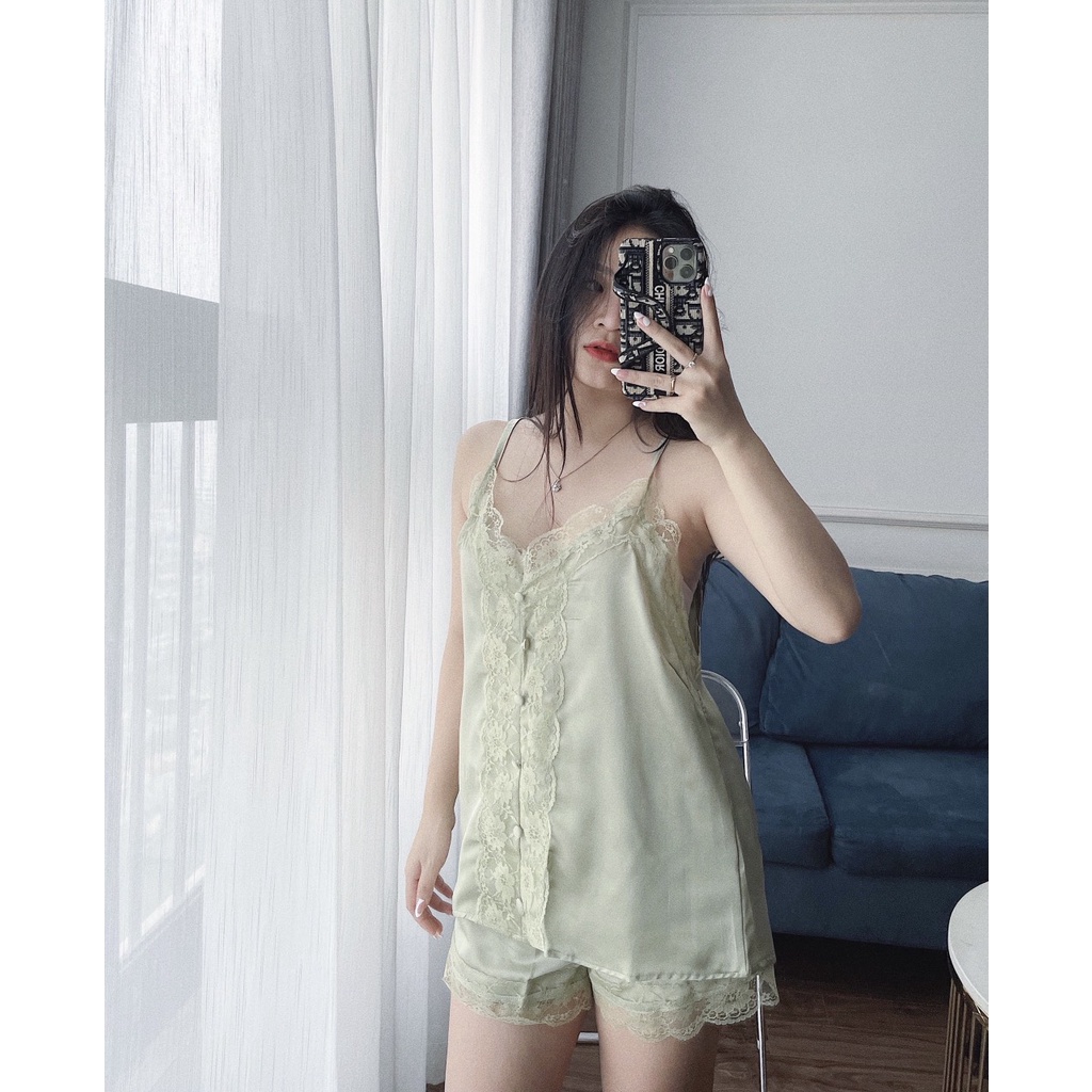 Bộ ngủ lụa satin hai ren H-M đồ ngủ