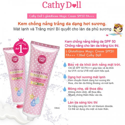 Kem Chống Nắng Trắng Da Cathy Doll L-Glutathione Magic Cream SPF50 PA+++ 138ml Thái Lan Chính Hãng