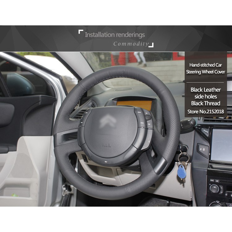 Bọc vô lăng xe hơi bằng da màu đen khâu tay cho Citroen C4 Picasso 2012-2014 C-quatre