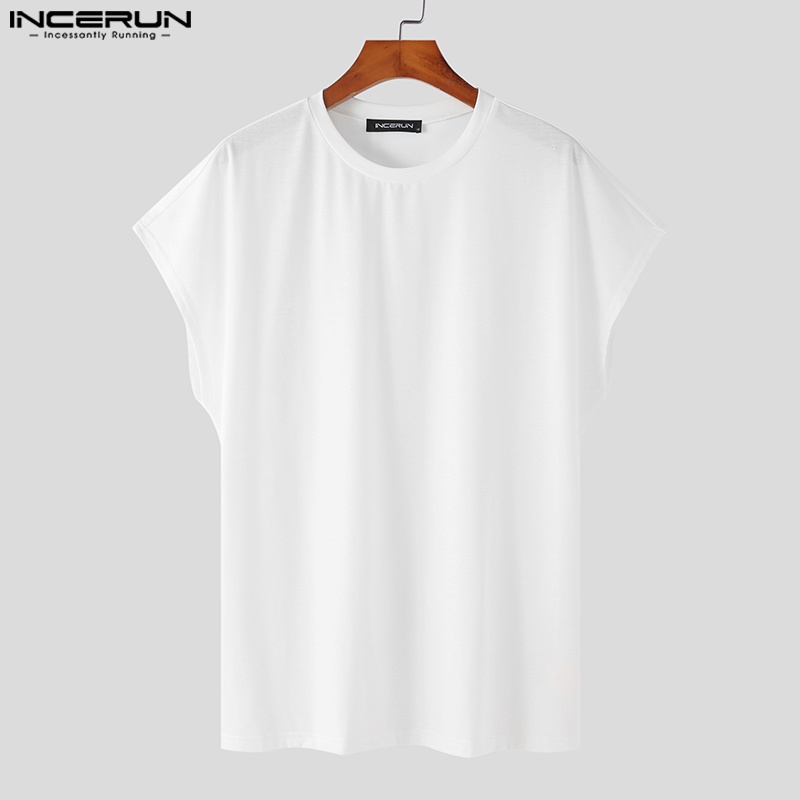 Áo thun INCERUN màu trơn cổ tròn dáng rộng đơn giản thời trang nam