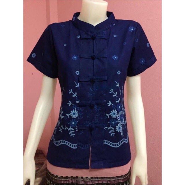 Áo sơ mi nữ in hình cổ Trung Quốc-Hom Phrae Pot Fabric