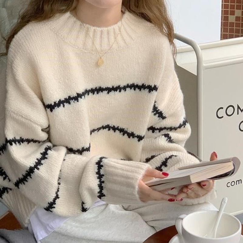 Áo len tay dài cổ lọ họa tiết sọc ngang dễ thương dành cho nữ