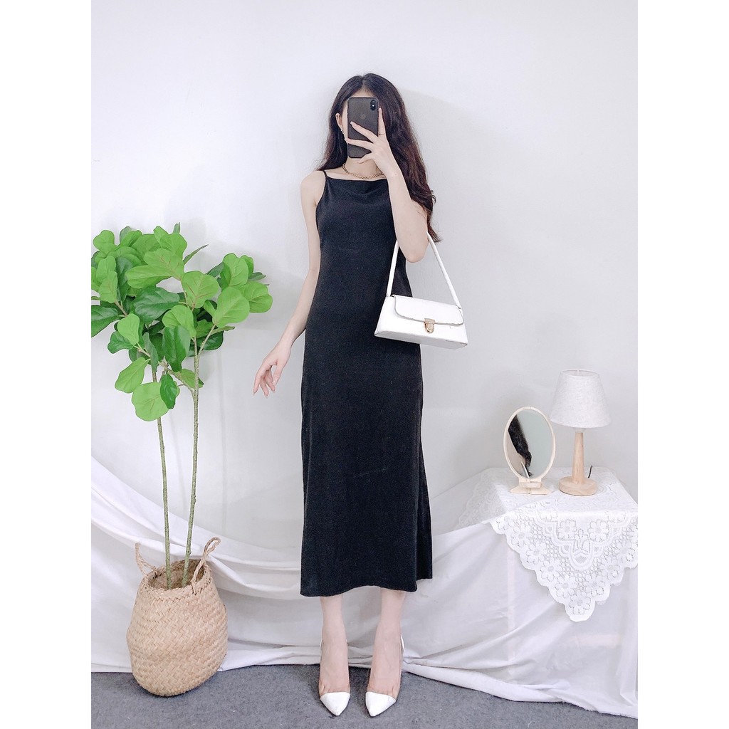 Đầm Hai Dây Hở Lưng , Váy midi 2s body dáng ôm màu đen trơn thiết kế sexy SIÊU XINH | BigBuy360 - bigbuy360.vn