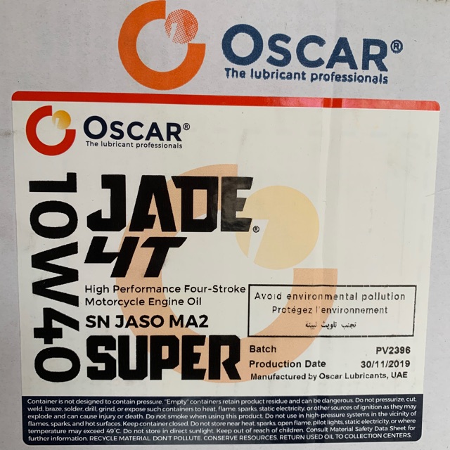 Nhớt Cao Cấp Xe Số Tay Côn Oscar Jade 4T Super 10W-40 API SN Fully Synthetic - Made in UAE