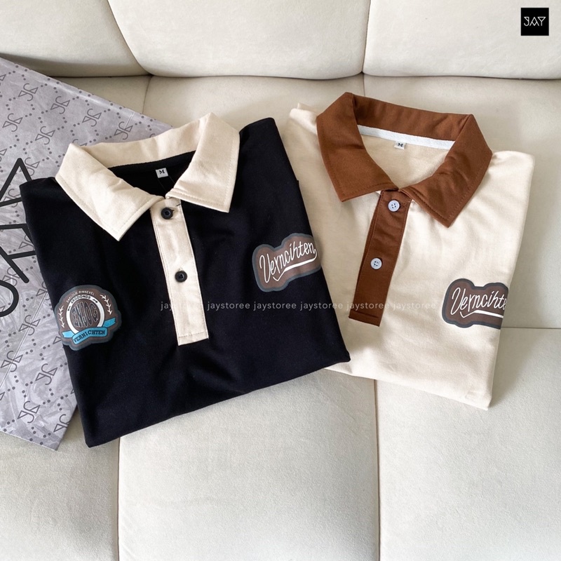 Áo Thun Polo Unisex VERNI màu ĐEN/TAN form rộng  Chất thun da cá form nam nữ unisex/Áo thun có cổ Jaystoree