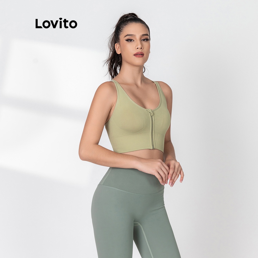 Áo lót Lovito kiểu thể thao màu trơn phối xích chéo L06006 (xanh lá/hồng)