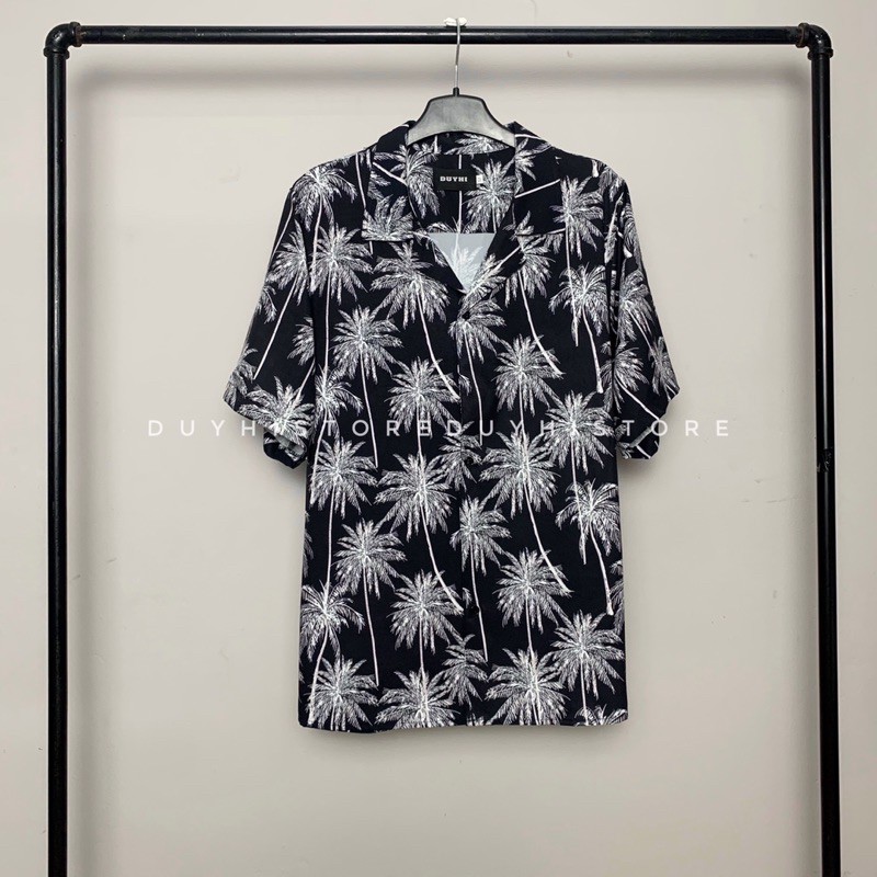 Áo sơ mi cộc tay unisex form rộng họa tiết DỪA ĐEN cho nam nữ | DUYHI