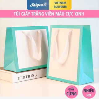 Túi giấy cứng đựng quà màu trắng viền màu TGCVM01 Quai Vải Cao Cấp Nhiều kích cỡ Nhiều màu sắc -Saigonir