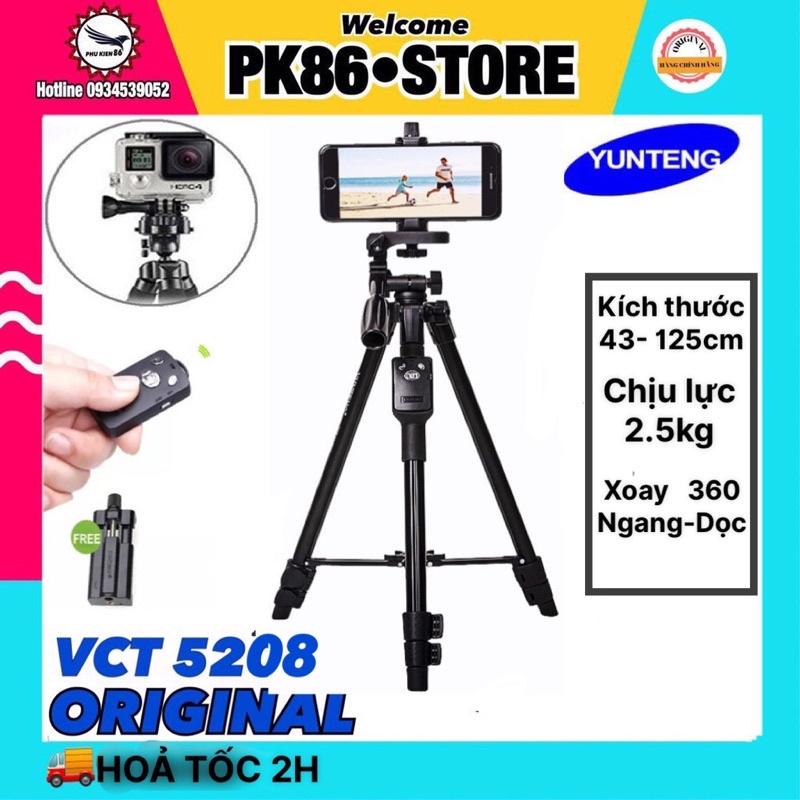 Tripod, giá đỡ điện thoại, gậy chụp ảnh tự sướng 3 chân quay tiktok selfie livestream Yunten 5208 xịn remote