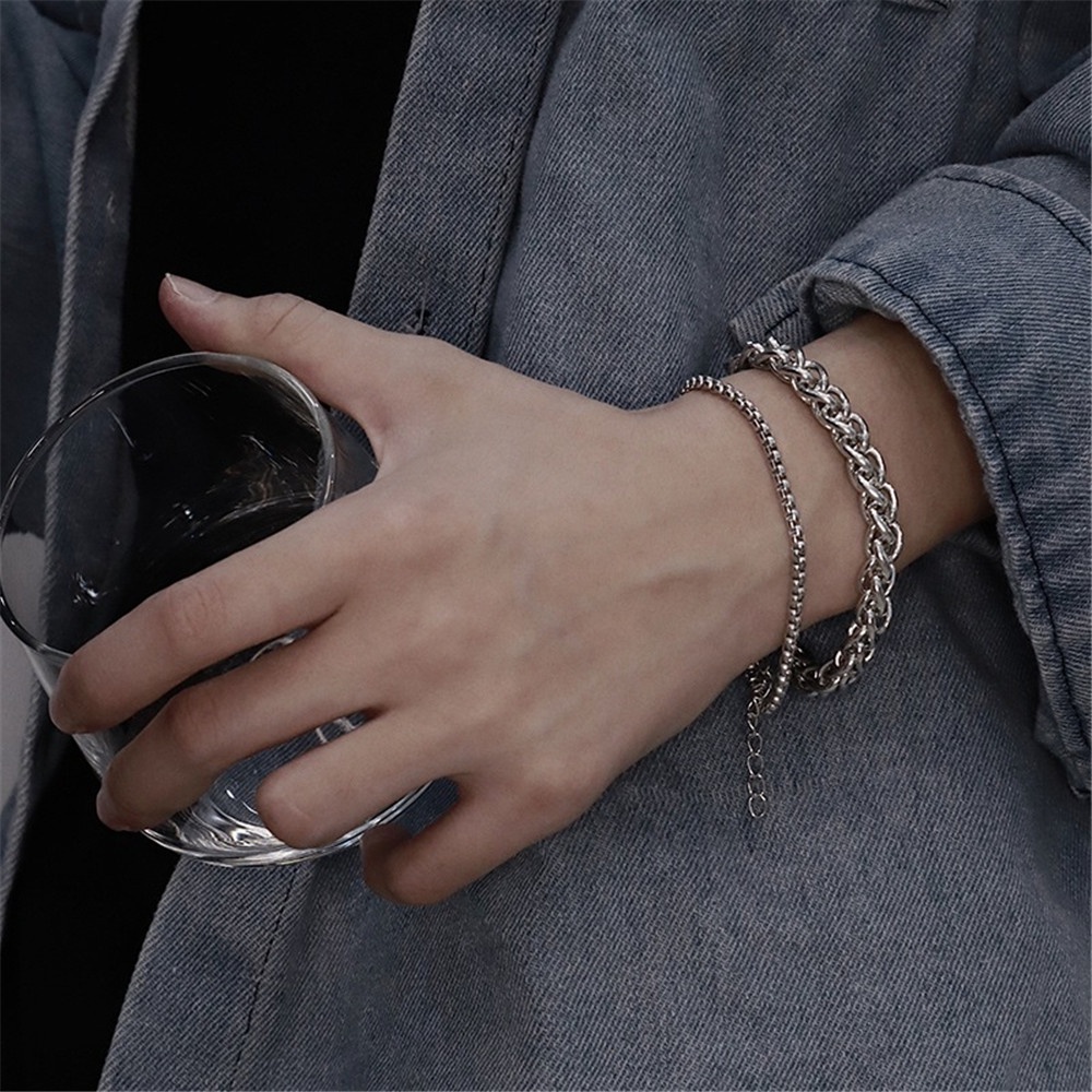 Vòng Tay Hai Lớp Dạng Chuỗi Xích Bằng Thép Không Gỉ Dày Màu Bạc Thời Trang Phong Cách Hip Hop Cho Nam
