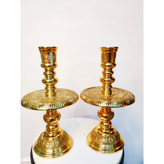 Đôi chân nến đồng cao cấp màu vàng vàng bóng - Đồ thờ phụng cao cấp bằng đồng, đồ thờ đồng