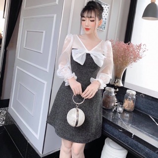 Đầm bigsize bố phối tay tơ nơ cổ 60-80kg