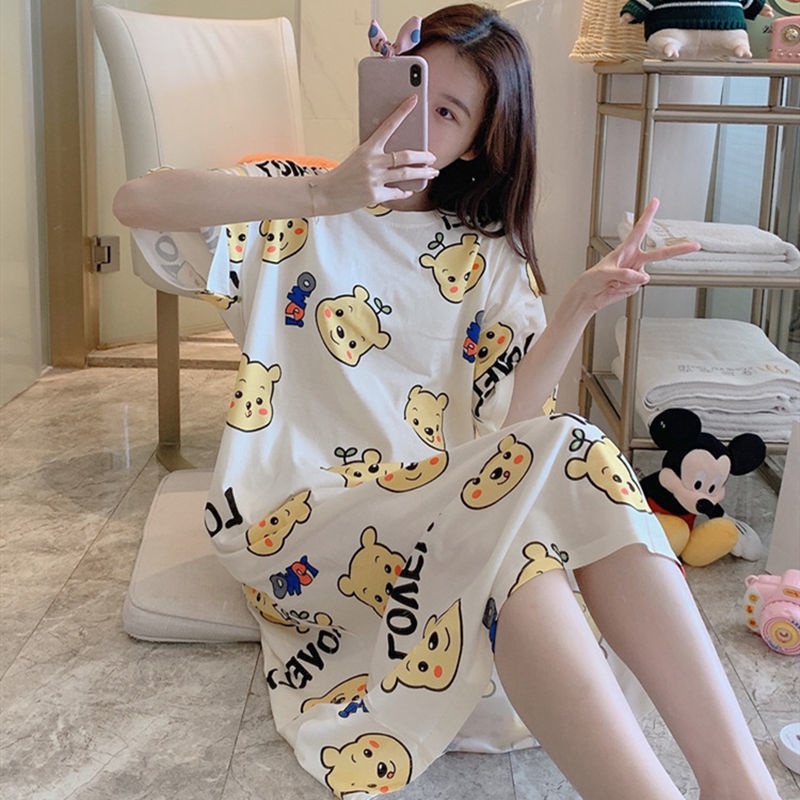Đầm ngủ cổ vuông dáng rộng tay dài đính nơ phong cách công chúa ngọt ngào xinh xắn đáng yêu dành cho nữ