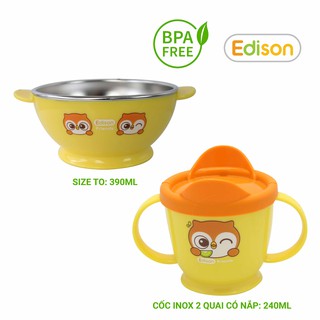 Combo 2 món: Bát ăn dặm Inox đế silicon chống trượt size to + Cốc uống nước Inox 2 lớp giữ nhiệt Edison Hàn Quốc