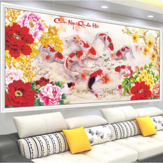 Tranh thêu kín mn0100 Cửu Ngư Quần Hội kích thước 180 x 80 MN0099
