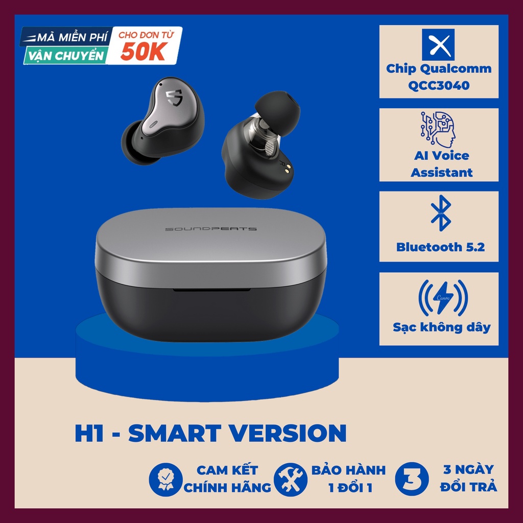 Tai Nghe True Wireless Soundpeats H1 Smart Version Game Mode QCC3040 Với Sạc Không Dây