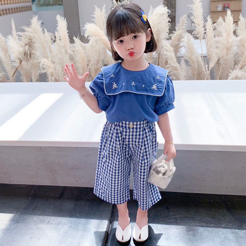 Se7en Set Áo Sơ Mi Ngắn Tay Màu Trơn + Quần Thời Trang Hè Hàn Quốc Cho Bé Gái