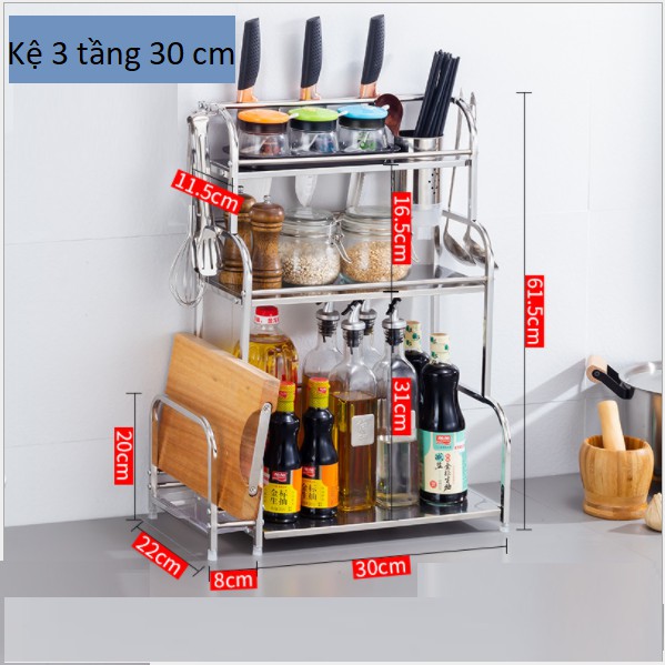 Kệ Đựng Gia Vị Nhà Bếp 2 Tầng và 3 Tầng - Chất Liệu INOX Cao Cấp - Tặng Kèm Giỏ Đựng Bát + Giá Đựng Thớt