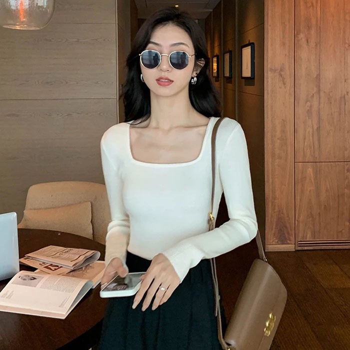 Áo Croptop Tay Dài Cổ Vuông Boniface Áo Thun Dài Tay Cổ Vuông