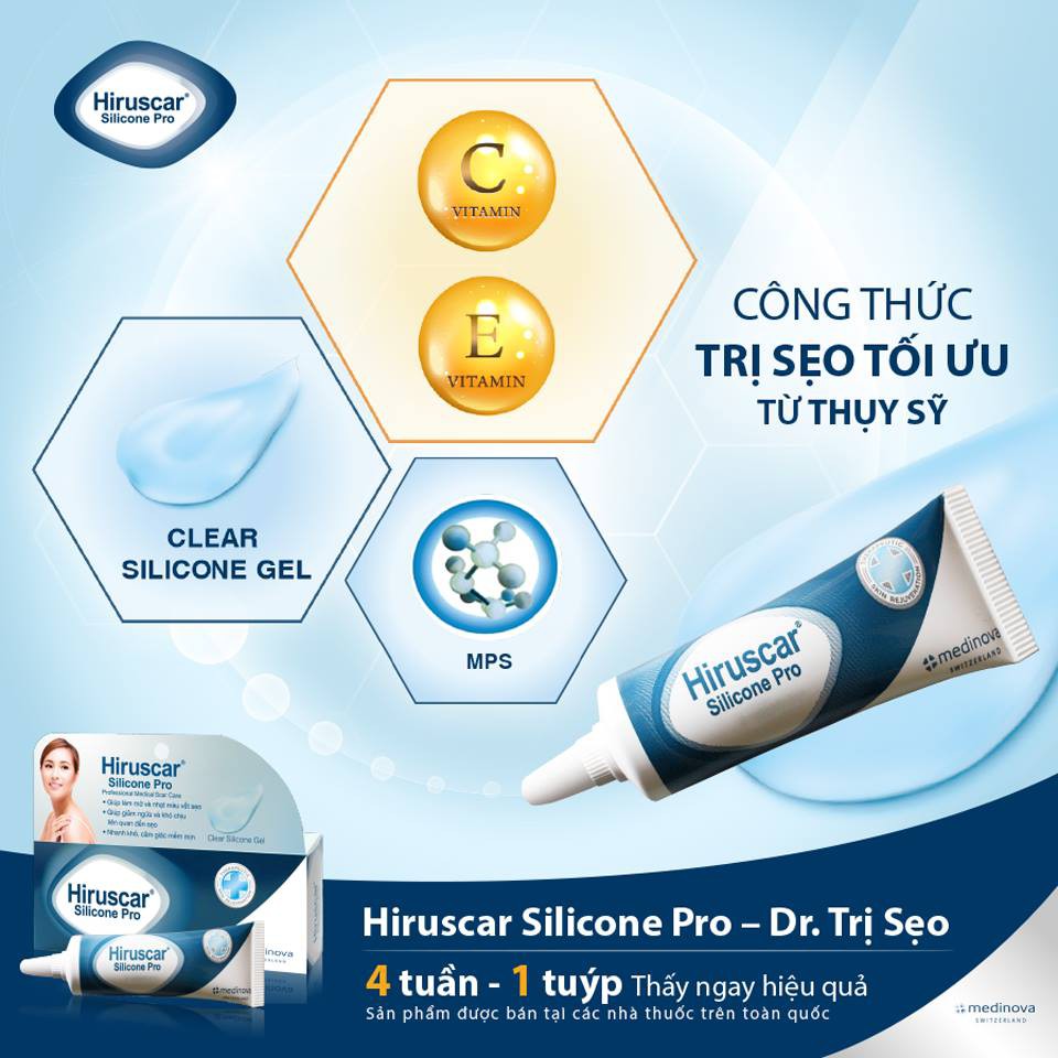 HIRUSCAR SILICONE PRO - Gel Làm mờ Sẹo mổ, sẹo lồi, to, sẹo phì đại - Tuýp 4g - 10g [hiruscar silicon pro]