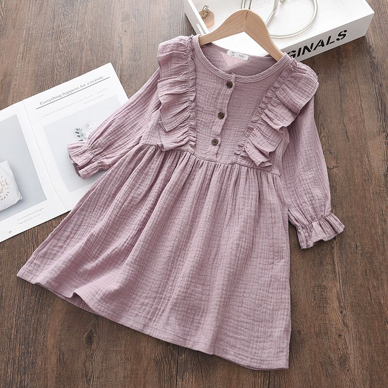Đầm công chúa BEAR LEADER bằng cotton tay dài màu trơn phong cách xuân thu cho bé gái