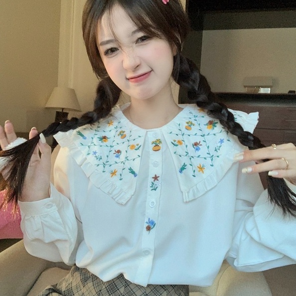 ZHELIHANGFEI Áo Sơ Mi Tay Dài Dáng Rộng Cổ Búp Bê Thêu Họa Tiết Xinh Xắn Phong Cách Nhật Bản