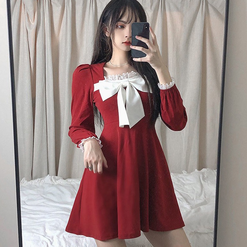 Đầm tay dài lưng cao phối ren hoa phong cách Vintage cho nữ