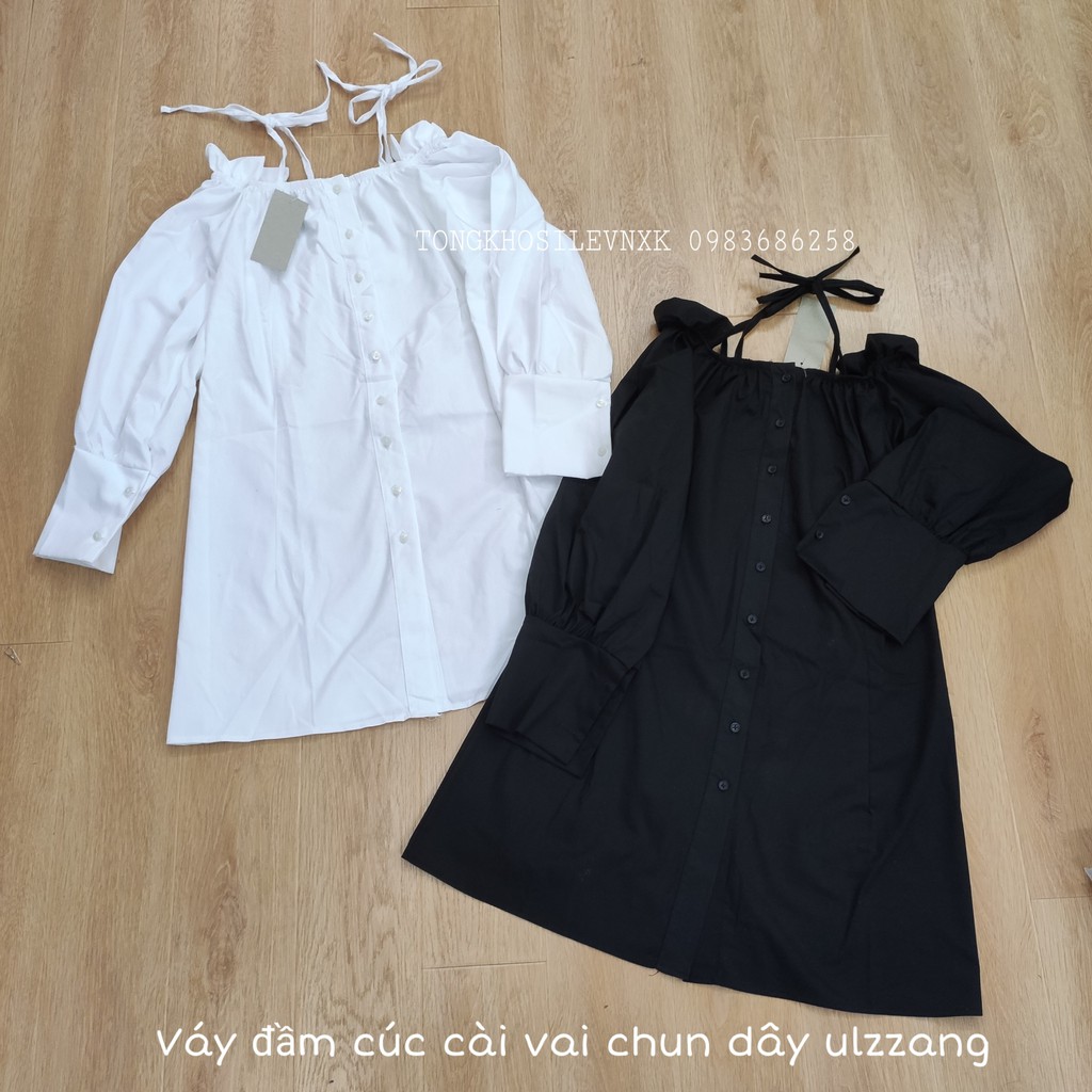 VÁY THIẾT KẾ TRỄ VAI DÀI TAY CÚC DỌC - ĐẦM TRẮNG ĐEN BẸT VAI CHUN BUỘC NƠ ULZZANG HOT | BigBuy360 - bigbuy360.vn