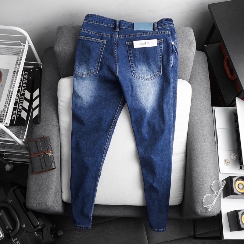 Quần Jean Nam xanh đậm wash (Form Slimfit.chất vải co dãn,ống 15-18cm,Hàng VNXK)