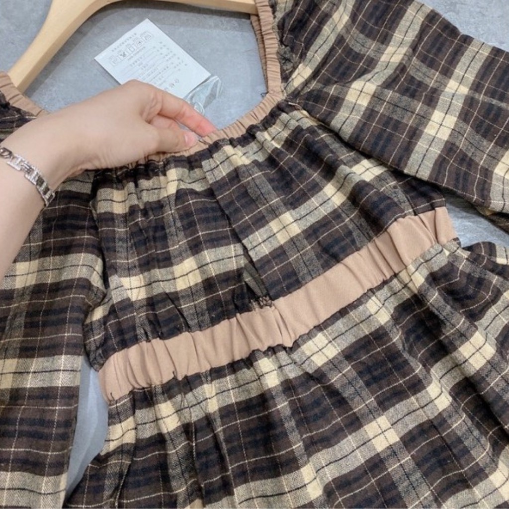 Đầm Babydoll Dáng Xoè Tay Phồng Cổ Vuông Kẻ Caro Chất Cotton Siêu Xinh | BigBuy360 - bigbuy360.vn