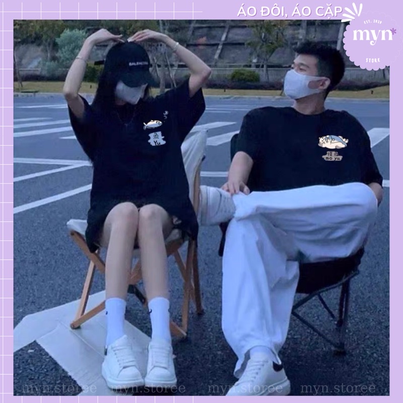 Áo thun cặp đôi nam nữ form rộng tay lỡ unisex, áo cặp bạn thân vải cotton mẫu họa tiết Cá - Mèo dễ thương